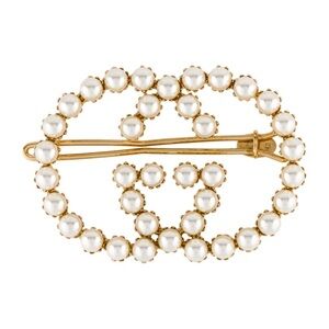 Pearl-Embellished Gold Logo Brooch - Designer Style